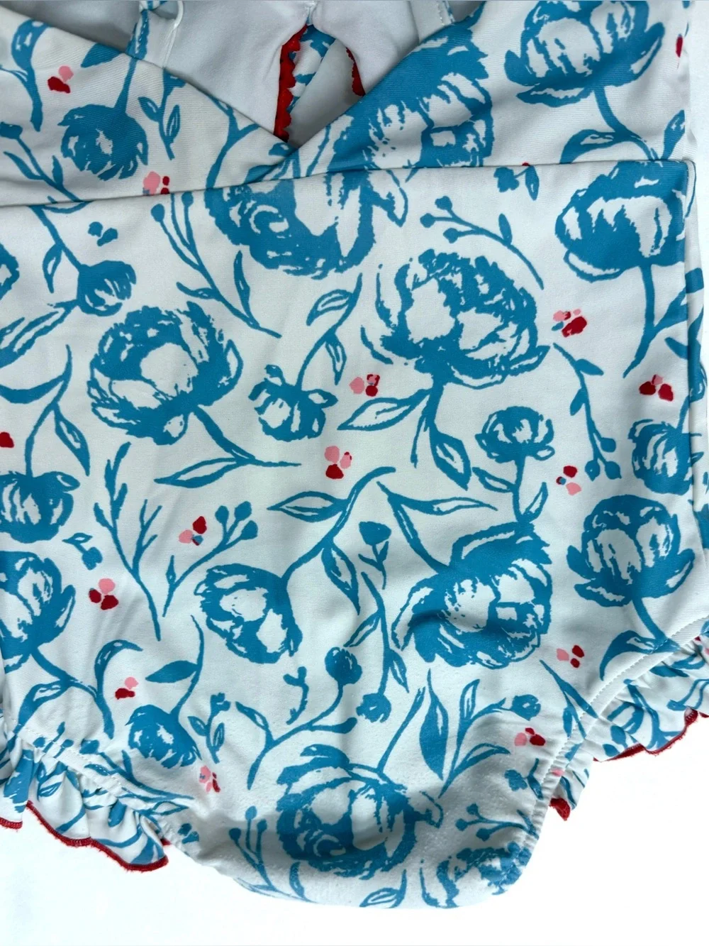 SweetHoney Girls Blue Floral Ruffle One-Piece Swimsuit with Red Trim Retro